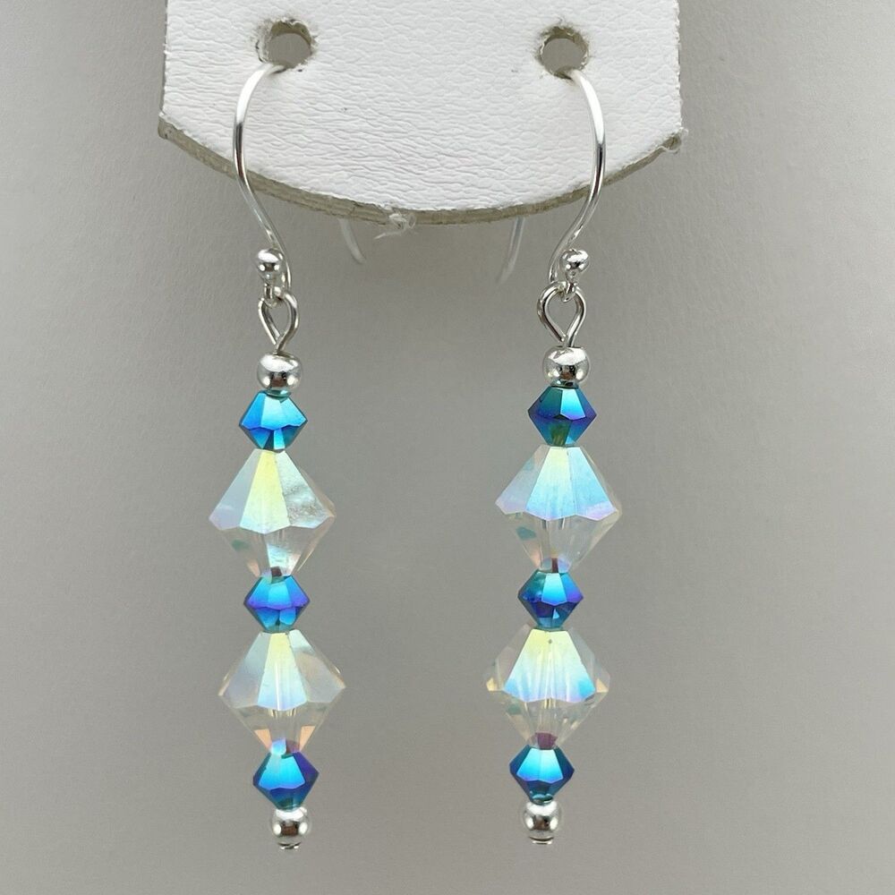 Made With Swarovski Crystals White AB Teal Blue Beaded Sterling Silver Earrings